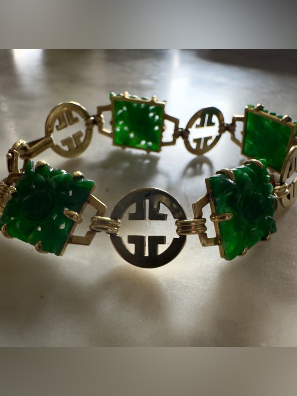 Rare 14k Art Deco Jadeite Panel Bracelet